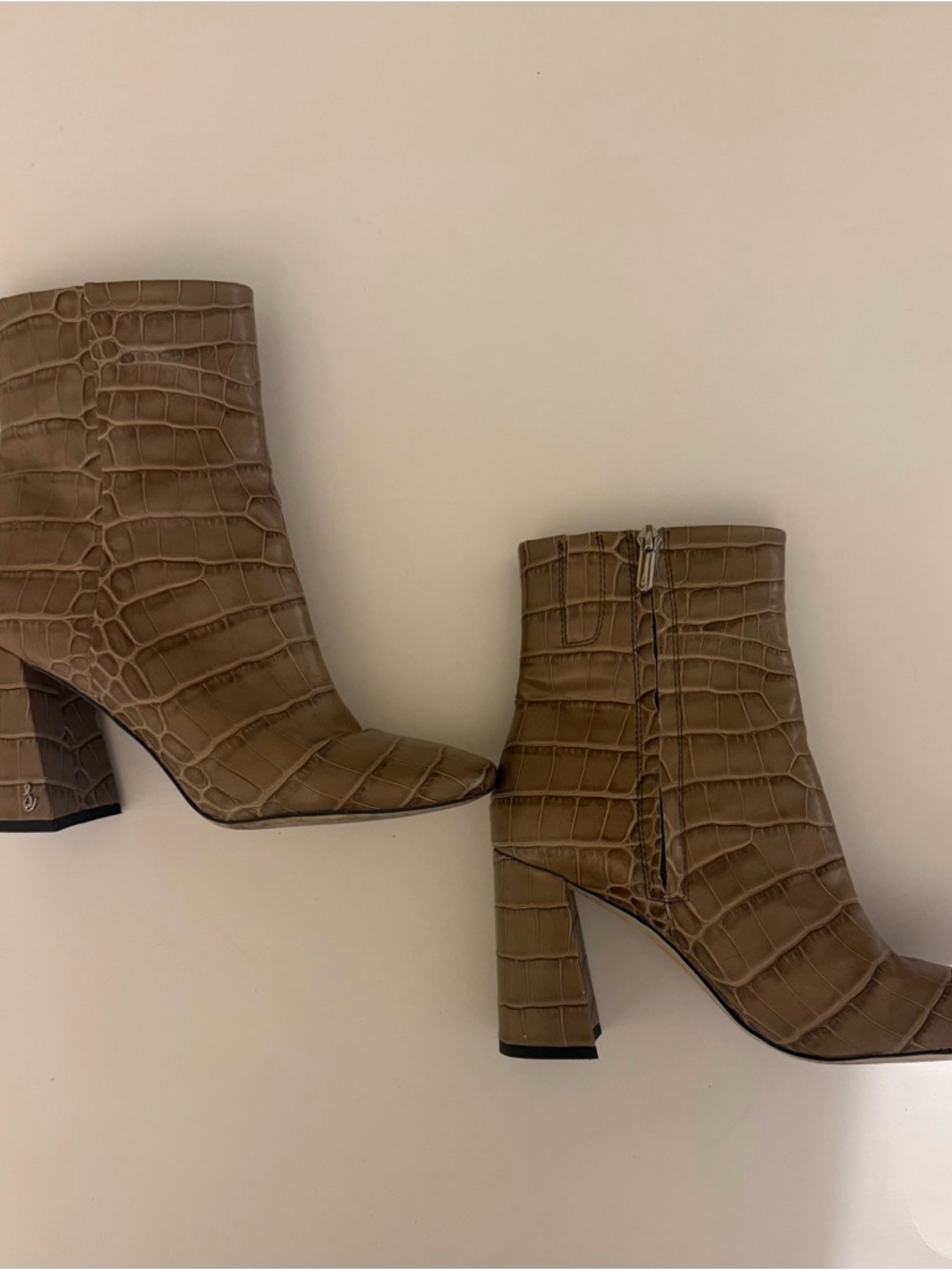 Sam Edelman Croc-Embossed Taupe Block Heel Ankle Boots